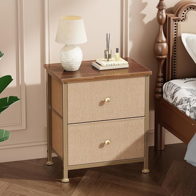 DUMOS Nightstand Small Dresser with 2 Fabric Drawers Side Tables Bedroom End Table Kids Bedside Storage Furniture for 20 inch Tall Night Stand for Closet, Entryway, College Dorm, Khaki