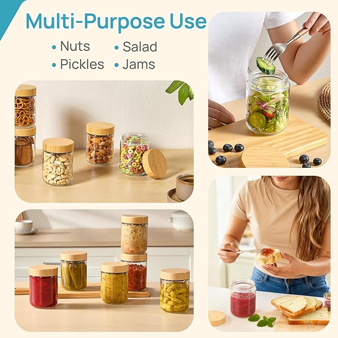 Vtopmart 6 Pack 16oz Glass Overnight Oats Containers with Bamboo Lids, Portable Wide Mouth Glass Jars Leak Proof, Reusable Glass Food Storage Containers for Yogurt Chia Pudding Salad Pickling Snacks