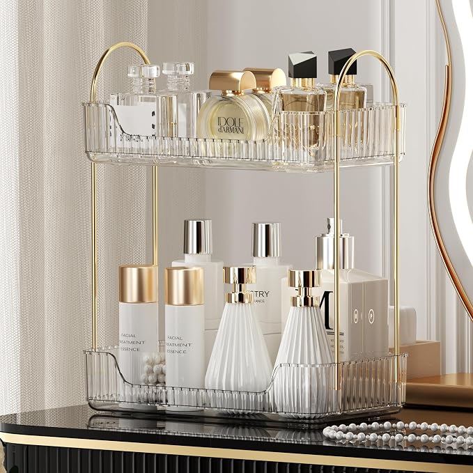 Akinbas 2 Tier Bathroom Organizer Countertop Makeup Perfume Tray Skincare Organizer for Bathroom Dresser Vanity (White)