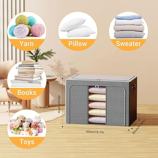 Clothes Storage Bins with Metal Frame, Foldable Clothes Organizers Storage Containers for Clothes, Sheets, Blankets, Pillows and Towels (24L, 3 Pack, Deep Grey)