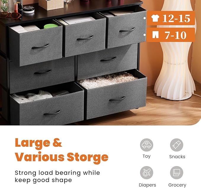 Sweetcrispy 7 Drawer Dresser Storage Organizer with Fabric Bins, Sturdy Steel Frame and Wood Top, Easy Pull Handles, for Bedroom Closet Hallway Entryway,Grey