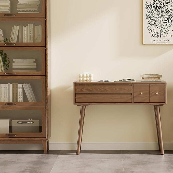 Wood Vanity Desk with Mirror and Lights, Dressing Vanity Table Vanity Set 4 Drawers, 40 Inch Large Make Up Vanity Table Wooden with 3 Lighting Modes for Bedroom Walnut(with Adapter)