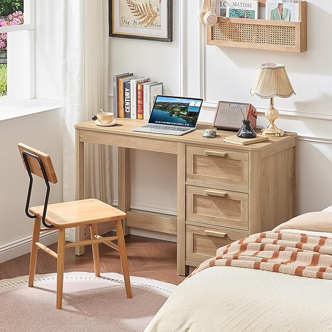 48'' Farmhouse Executive Desk with Storage, Wooden Home Office Desk with Drawer and Vintage Handle, Large Computer Writing Desk for Study, Bedroom, Living Room (Natural)