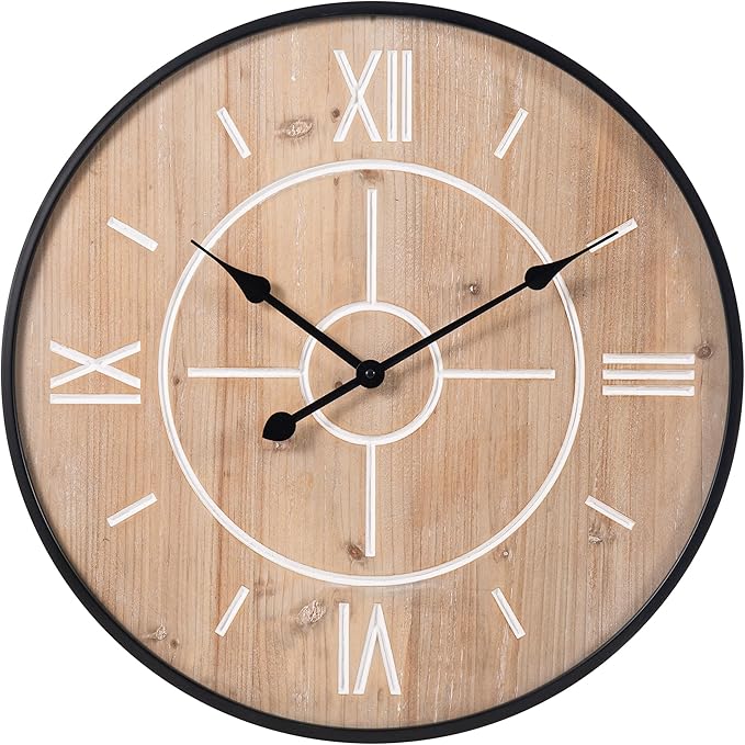 Large Decorative Wall Clock 24 & 30 Inch – Vintage Industrial Farmhouse Modern Style – Iron & Wood, Silent Non-Ticking Quartz, Roman Numerals – Battery Operated