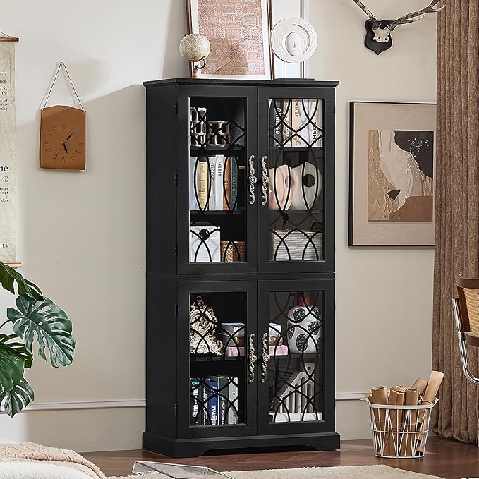 67" Tall Pantry Cabinet Set of 3, Vintage Kitchen Pantries Cabinets with Glass Doors & Adjustable Shelves, Wood Cupboard with Large Storage for Dingning Room, Bathroom, Black