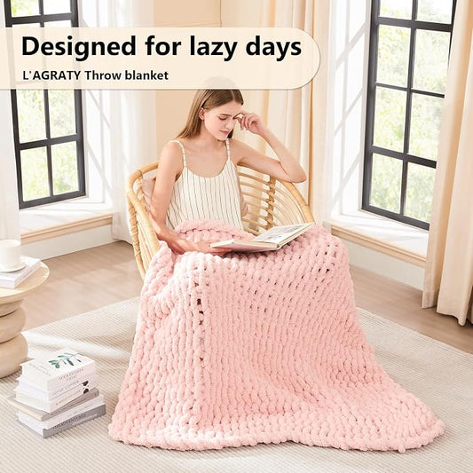 L'AGRATY Chunky Knit Blanket Throw - Soft Chenille Yarn Throw Blanket 40x50: Handmade Thick Cable Knit Crochet Blanke - Large Knit Blanket Chunky Rope Knot Throw Blanket for Couch Sofa Bed Home Decor