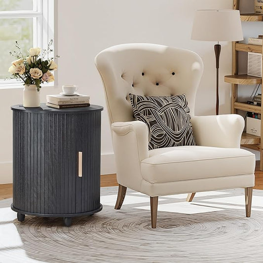 Set of 2 Fluted Round End Table with Charging Station, Small Farmhouse Sofa Side Table with Sliding Tambour Door & Storage, Mid-Century Wood Fulted Nightstands for Living Room, Bedroom (Black)