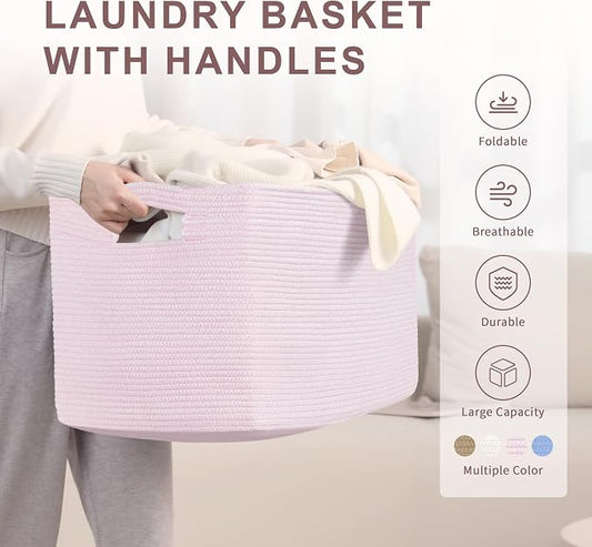 86L Large Baby Girls Laundry Basket for Nursery Storage,Cute Woven cotton Rope Baskets for Kids Toy,Gifts, Boho Square Wicker Blanket hamper for Living Room,Bedroom Dirty Clothes,Pink