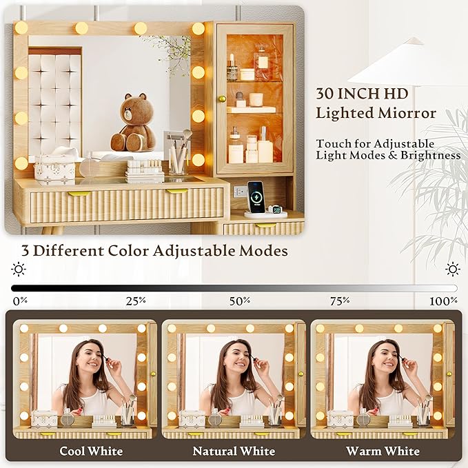 Vanity Desk with Mirror and Lights, 45" Fluted Makeup Vanity Desk with Lights &5 Drawers, Glass Top Vanitys with Lighted Mirror and RGB Cabinet, Dressing Table with Power Outlet for Bedroom, Oak