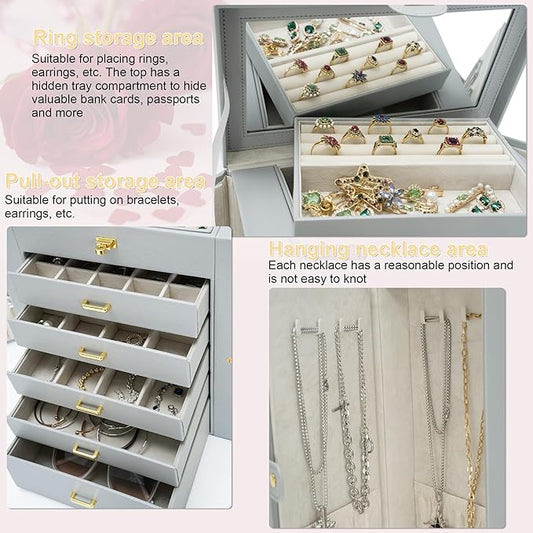 AKOZLIN 6-Tier Jewelry Box Organizer Functional 5 Drawers Leather Jewelry Storage Case for Women Girls Ring Necklace Earring Bracelet Holder Organizer with Mirror Extra Large Grey