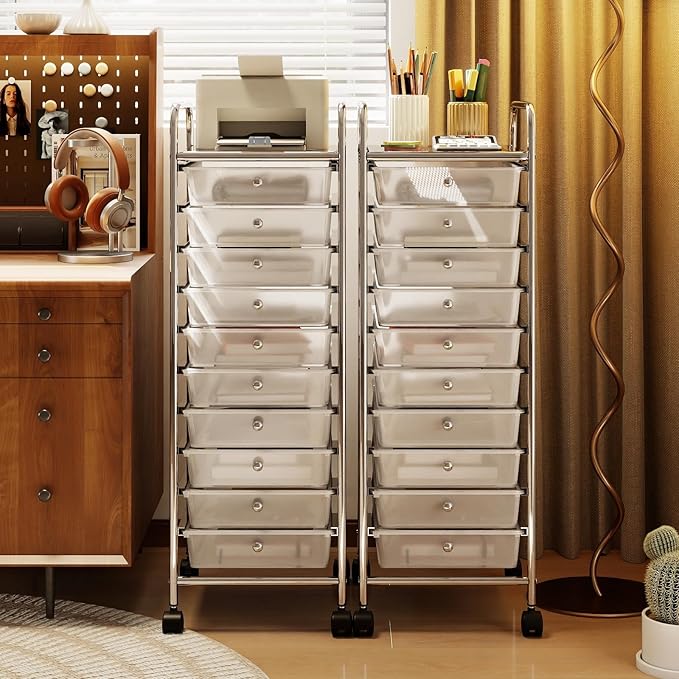 RELAX4LIFE 10-Drawer Rolling Storage Cart, Utility Cart with Metal Frame, Lockable Wheels & Removable Drawers, Multipurpose Art Craft Organizer for Home Office Classroom (Clear)