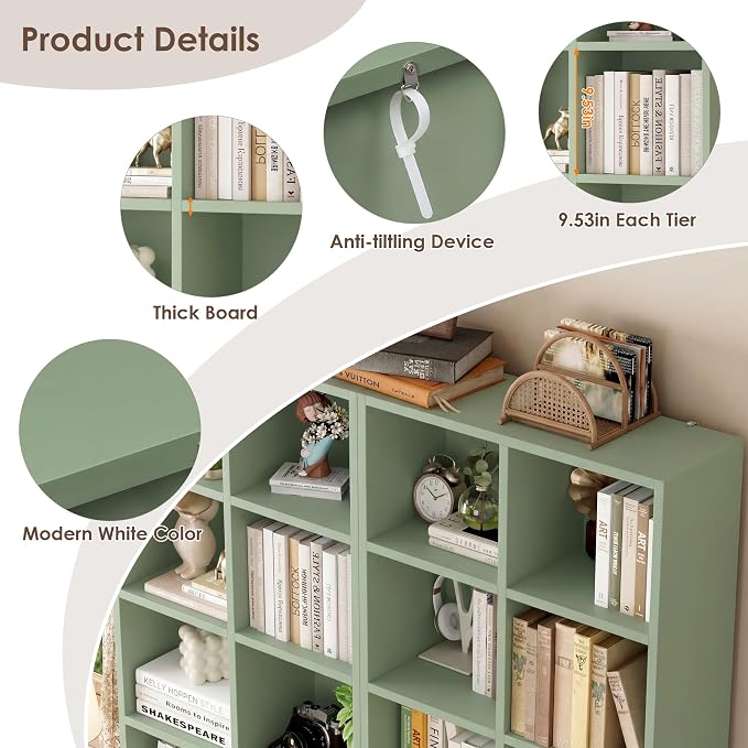 FOTOSOK 71'' Tall Bookshelf with 14 Cubes, 7 Tier Double Wide Bookshelf with 6 Adjustable Shelves, 19.6" Narrow Bookcase DVD/CD Media Storage Shelf, Space Saving Display Shelf Cabinet, Green