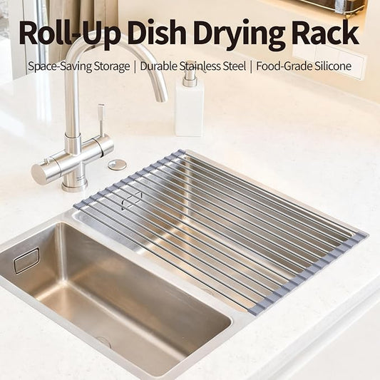 Roll Up Dish Drying Rack for Over Sink - 17.5"x15.7" Foldable Stainless Steel Kitchen Drainer,Gray