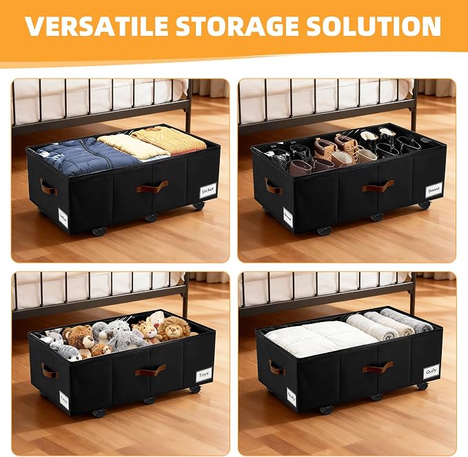 Under Bed Storage with Wheels,Underbed Storage with Sturdy Sidewalls/Bottom, Clear Cover, Label and PU Handle, Rolling Under Bed Drawers for Clothes, Shoes, 11 Inch Height,Black, 2 Pack