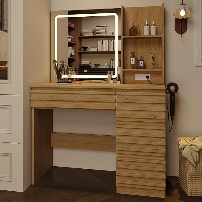 Fluted Vanity Desk with HD Mirror and Lights, Wood Makeup Vanity Table with 4 Drawers & Open Shelves, Mid Century Dressing Table Set with Charging Station, 3 Color Lighting Modes for Bedroom, Oak