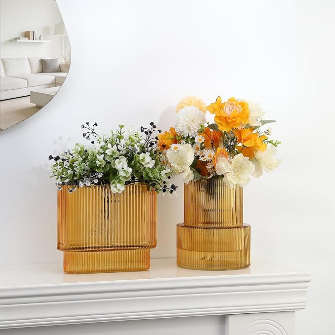 Amber Glass Vases, Set of 2 Ribbed Vases for Flowers, Amber Vase for Tulips, Modern Glass Vase for Living Room, Dining Table, Office, Entryway, Mantle, Bookshelf, Wedding Gifts