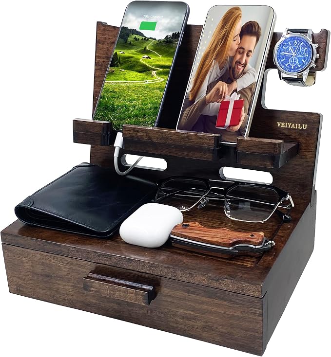 VEIYAILU Gifts for Men Women Husband Son Boyfriend Him Nightstand Organizer Wood Phone Docking Station Birthday Gifts (Walnut)