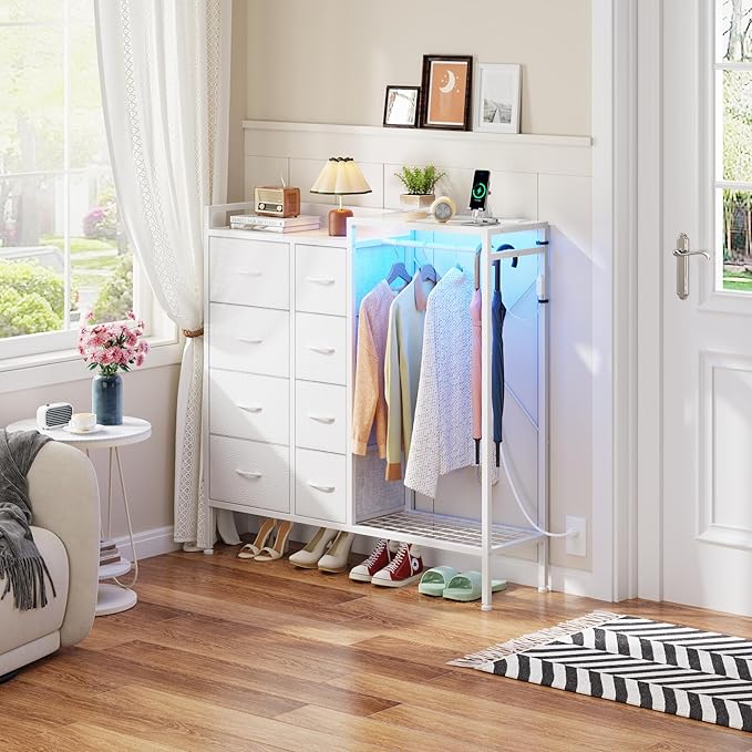 Dresser with Hanging Rack, 8-Drawer Dresser for Bedroom with Charging Station & LED Lights, Kids Dressers with Shoe Rack, Chest of Drawers with Wooden Top for Bedroom, Kids Room, White, 11.8"D
