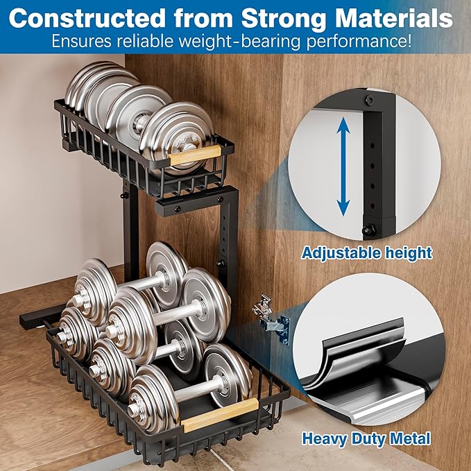 Under Sink Organizers, 2 Tier Pull Out Under Cabinet Organizer,Height Adjustable Pull Out Cabinet Drawers, Metal Sliding Drawer for Kitchen Bathroom Pantry Cabinet Closet Organization Rack,1 Pack