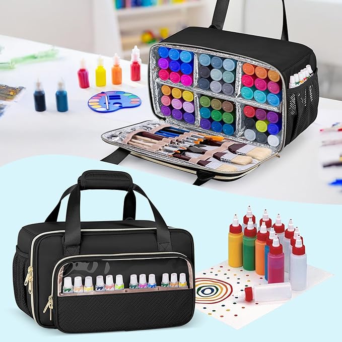 Prokva Acrylic Paint Organizer Case for 54 Bottles (2 oz), Craft Paint Storage Organizer with Shoulder Strap, Paint Bottle Organizer Bag with Brush Storage, Black