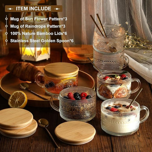 LANDNEOO 6 Pack 14oz Vintage Glass Coffee Mugs with Bamboo Lids and Spoons, Green Embossed Drinking Glasses for Iced Coffee, Tea, Latte