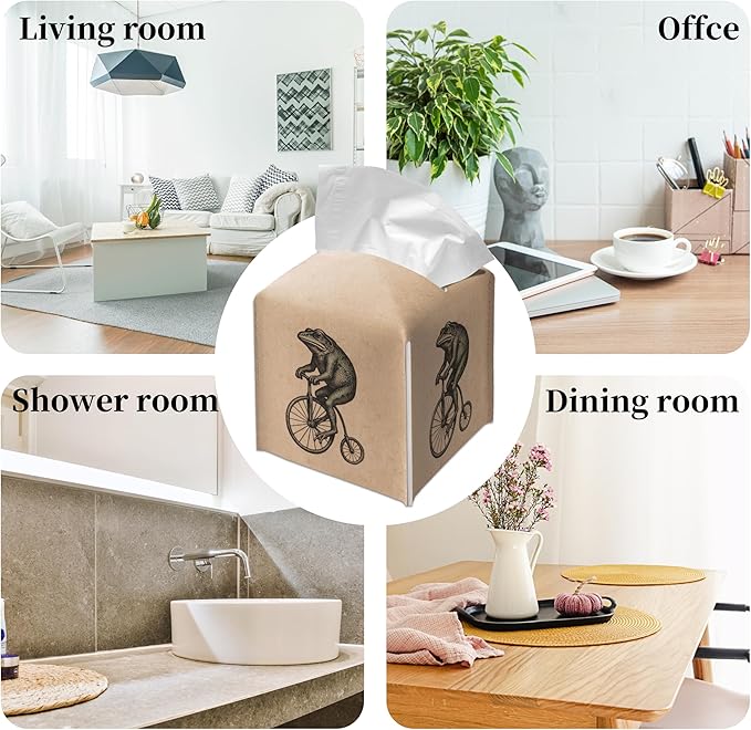 Grace Yonks Retro Tissue Box Cover Square - Frog on Penny-Farthing Design 5.2" PU Leather Holder for Vanity, Desk, or Bathroom Counter - Cube Case for Facial Tissues. (116)