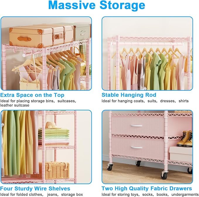Ulif F3R Heavy Duty Clothes Rack(With Lockable Wheels)Freestanding Clothing Racks for Hanging Clothes,Adjustable Closet Organizer System,Portable Garment Rack 40"W x 15"D x 74"H,Max Load 700LBS,Pink