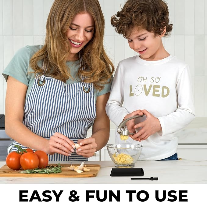 Zulay Kitchen Premium Garlic Press Set - Rust Proof Professional Garlic Mincer Tool - Easy-Squeeze, Easy-Clean with Soft, Ergonomic Handle - Silicone Garlic Peeler & Brush (Silver)