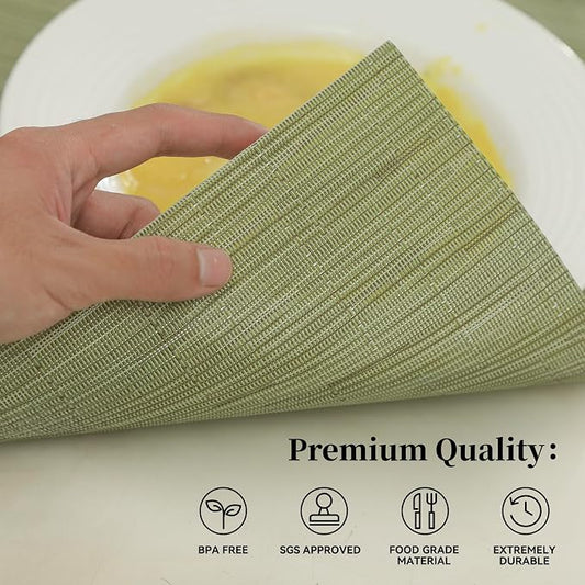 Leetaltree Pea Green Placemats Set of 6 - Heat Resistant Non-Slip Place mats for Dining Table, Washable Durable PVC Vinyl Woven Table Mats(Pea Green, 6)