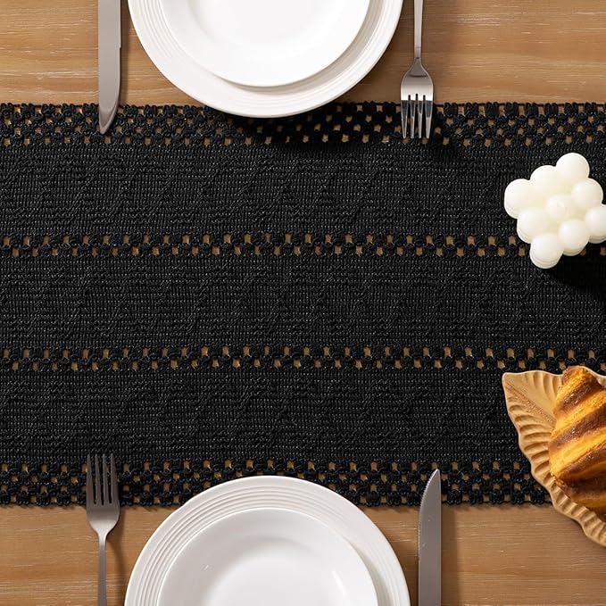 Socomi Boho Table Runner Macrame Long Valentine's Day Farmhouse Woven Cotton Linen Rustic Coffee Table Runner with Tassels for Dresser Scarf Home Decor Dining Room 12x108 inch Black