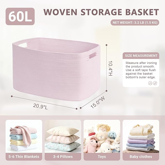 SunNewt 60L Small Baby Girls Laundry Basket for Nursery Storage,Cute Woven cotton Rope Baskets for Kids Toy,Gifts, Boho Square Wicker Blanket hamper for Living Room,Bedroom Dirty Clothes,Pink