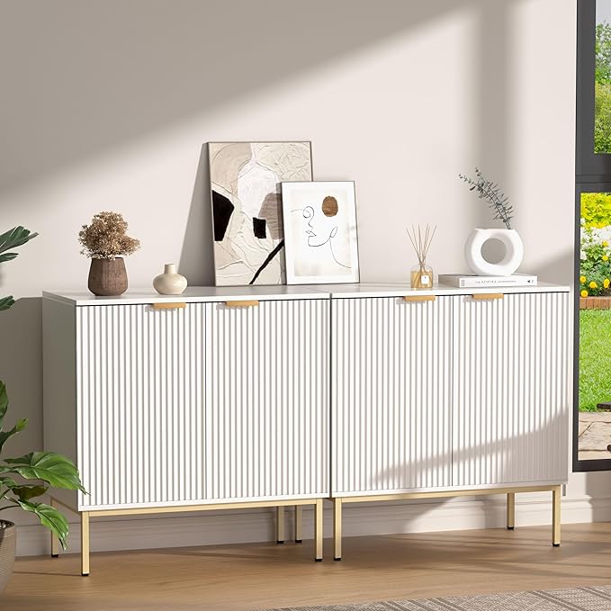 Fluted Sideboard, Buffet Cabinet with Storage, Wooden with Doors and Shelves, Accent Cabinet for Living Dining Room, Entryway