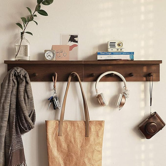 Entrance Coat Rack ,Coat Hooks, Wall-Mounted Wooden Hook Rack, Wall-Mounted Shelves are Very Suitable (Walnut Color Finish—A-2)