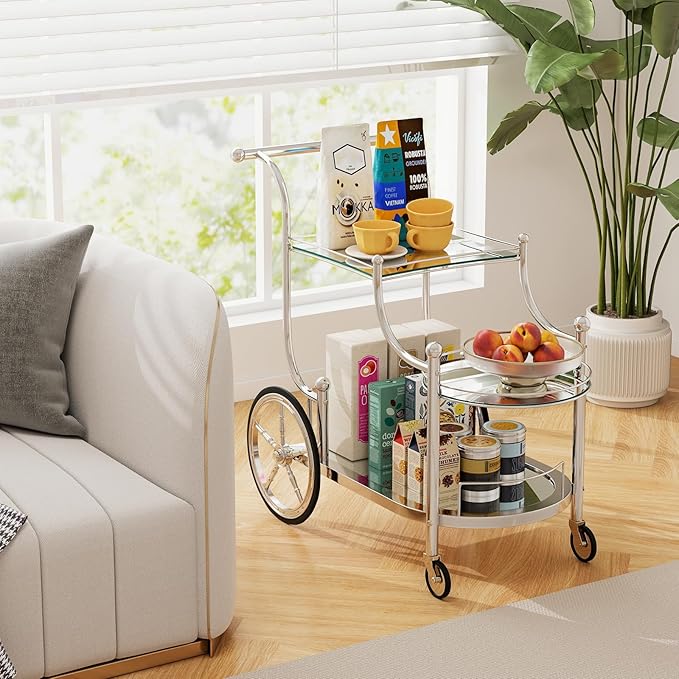 Tangkula Bar Cart, 3-Tier Rolling Home Bar Serving Cart with Mirrored Shelves & 4 Wheels, Mobile Beverage & Wine Cart for Kitchen, Dining Room, Living Room (Silver)