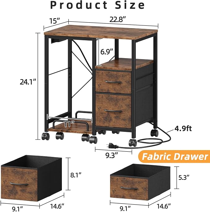 YAOHUOO Printer Stand with Power Outlet/Fabric Drawers, Printer Cabinet with Storage Shelf and Rolling Shredder Stand, Printer Table for Home Office, 22.8"×15" Rustic Brown