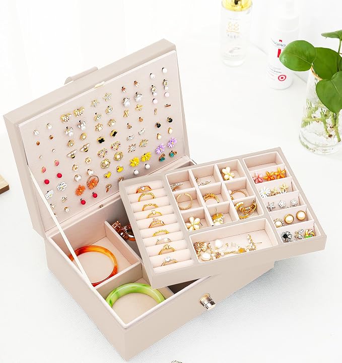 QBestry Girls Jewelry Box Earring Holder Organizer for Girls Jewelry Organizer Box Stud Earrings Organizer for Girl Womens Beige Jewelry Box for Earrings and Necklaces Rings Stud Earring Box for Teen