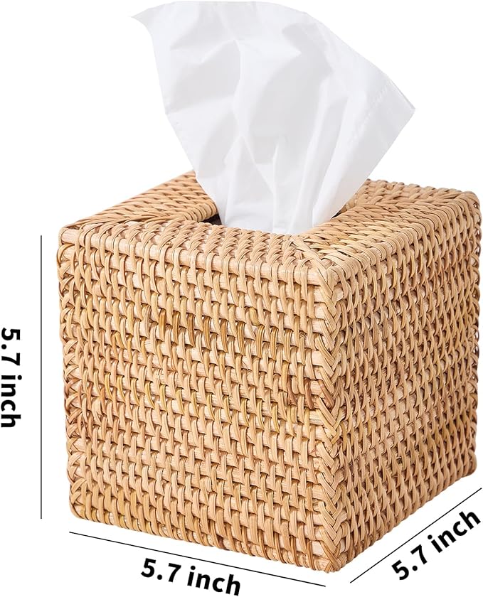 Hand-Woven Rattan Tissue Box Cover, Square Wicker Tissue Holder, Natural Woven Facial Napkin Holder