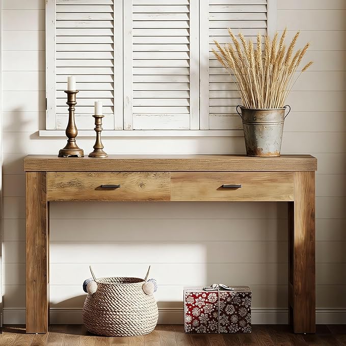 Tribesigns 63" Console Table, Farmhouse Entryway Table with 2 Drawers and H-Shaped Sturdy Legs for Hallway, Living Room, MDF, Light Brown