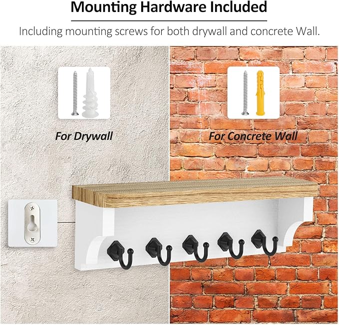 Nekon Key Holder for Wall, 11.8" W x 3.5" H x 2.8" D Decorative Key Organizer with Floating Shelf, Wall Mount Key Rack with 5 Hooks (Wood)