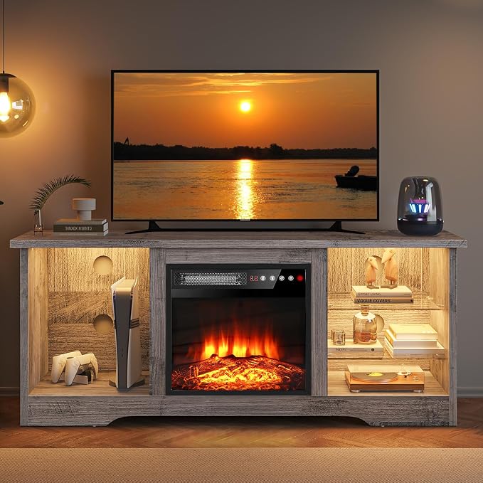 VITESSE 58 Inches Fireplace TV Stand for TVs up to 65 Inches Console with 18'' Electric Fireplace & Remote,Wooden Modern Entertainment Center for Living Room with LED Light Glass Shelves(Gray)