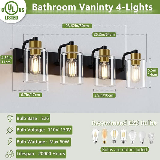 Bathroom Light Fixtures,Matte Black and Gold 4-Light Bathroom Lights with Clear Glass Shade,Modern Wall Sconces Over Mirror for Bathroom