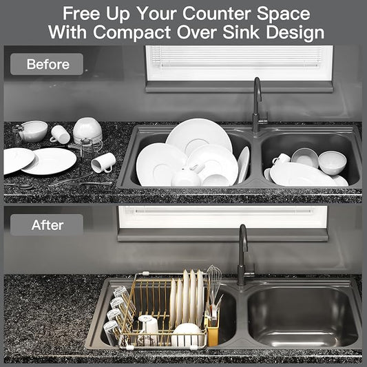 MAJALiS Gold Dish Drying Rack Over The Sink with Utensil Holder | Expandable Stainless Steel Dish Drainer for Small Kitchen, Apartment, RV, Counter Space Saving, Perfect Fit, Rustproof