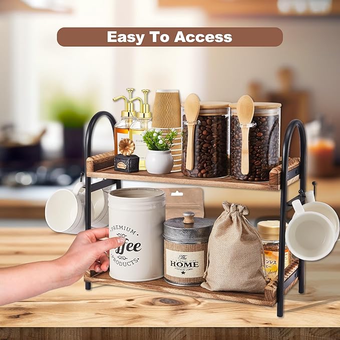 BDBDYEAY Coffee Bar Accessories, 2-Tier Coffee Bar Organizer with 4 Coffee Cup Holder Hooks, Mul-tifunctional Wooden Beaded Coffee Station Countertop Stand Shelf for Kitchen Home Office
