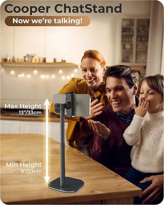 COOPER ChatStand, Adjustable Cell Phone Stand for Desk, Phone Stand for Recording, iPhone Holder for Filming, Small Tripod for iPhone, Fits Samsung, Android Smartphones, (Metallic Gray)