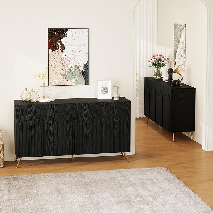 59" Accent Storage Cabinet with Doors, Modern Decorative Cabinet with 3D Carved Door, Sideboard Buffet Cabinets with Adjustable Shelves, Credenza for Living Room, Entryway, Dining Room, Black