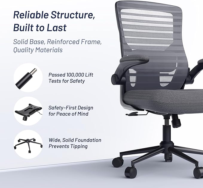 Office Desk Chair for Long Hours & Lower Back Pain Relief – 4“ Thick Molded Foam Cushion, Enhanced Lumbar Support, Padded Flip-up Armrests, New Year Workspace Upgrade, Dark Gray