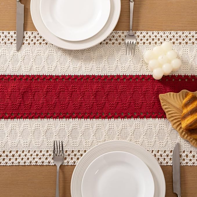 Socomi Boho Table Runner Valentine's Day Farmhouse Rustic Dining Kitchen Centerpiece Decor Small Macrame Woven Cotton Linen Coffee Table Runner for Dresser Scarf Home Decor 12x36 in Red Ivory