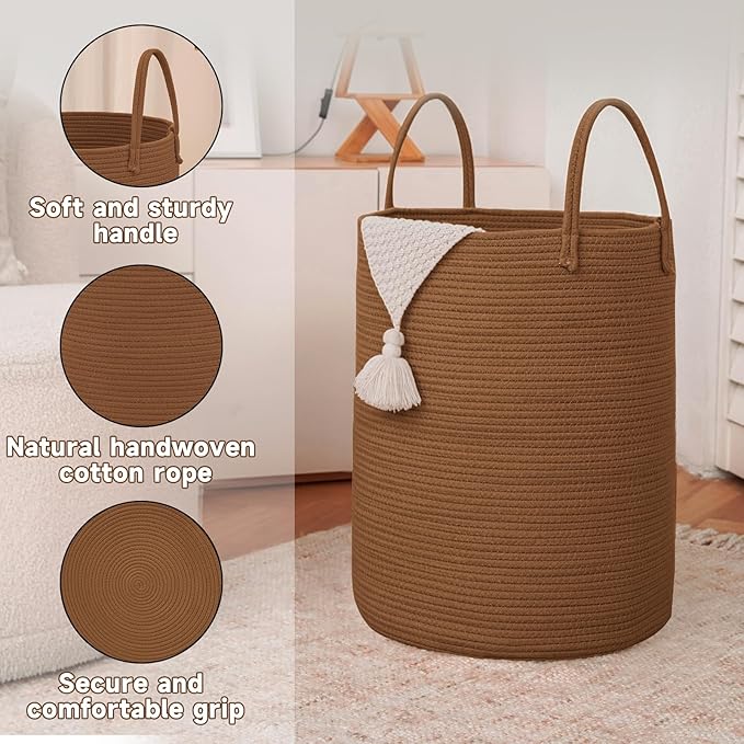 JMvicyroam Large Woven Laundry Basket Hamper,80L Cotton Rope Storage Bin for Blankets,Toys and Clothes,Decorative Tall Nursery Hamper for Living Room,Baby Nursery,Bathroom and Bedroom,Golden Jute
