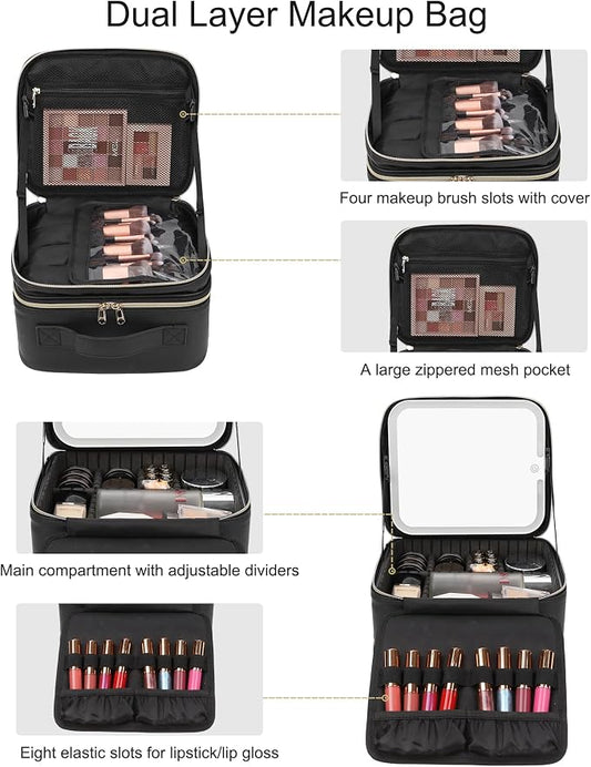 Chomeiu Makeup Bag with LED Mirror, 2 Layer Travel Makeup Case for Women and Makeup Artists Cosmetic Organizer Large Make Up Bags, 3 Color Lights, Adjustable Dividers and Brush Holder