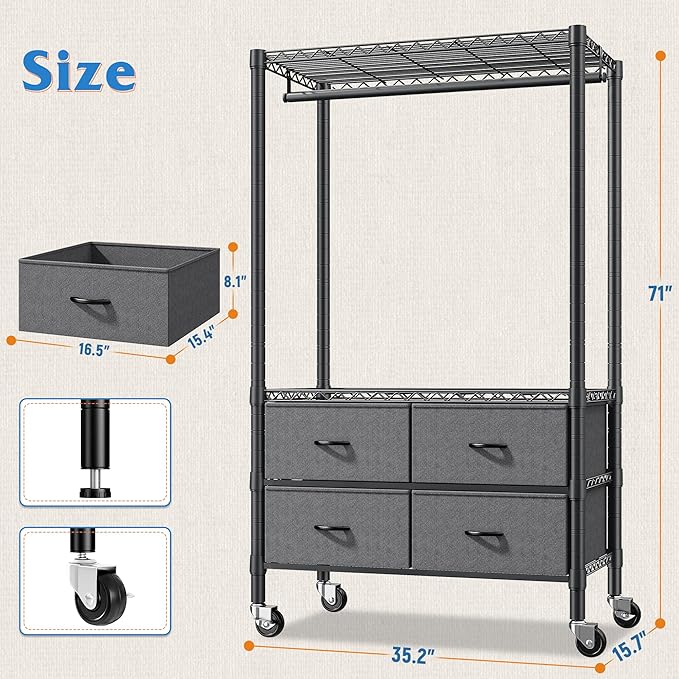 Raybee Clothes Rack Heavy Duty Clothing Rack with Rolling Wheels & 4 Drawers, Clothing Racks for Hanging Clothes with Drawers, Black